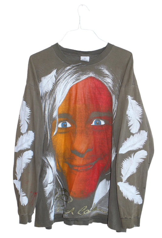 Kurt NIRVANA on Faded & Distressed Tan L/S T-Shirt (XXXL)